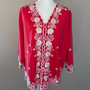 Vintage The Foreign Look Red Embroidered Blouse, Size 20